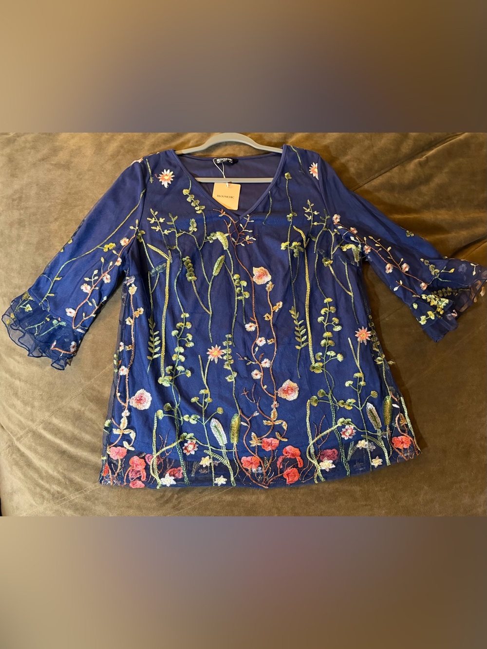 BloomChic Navy Floral Embroidered V-Neck Tunic